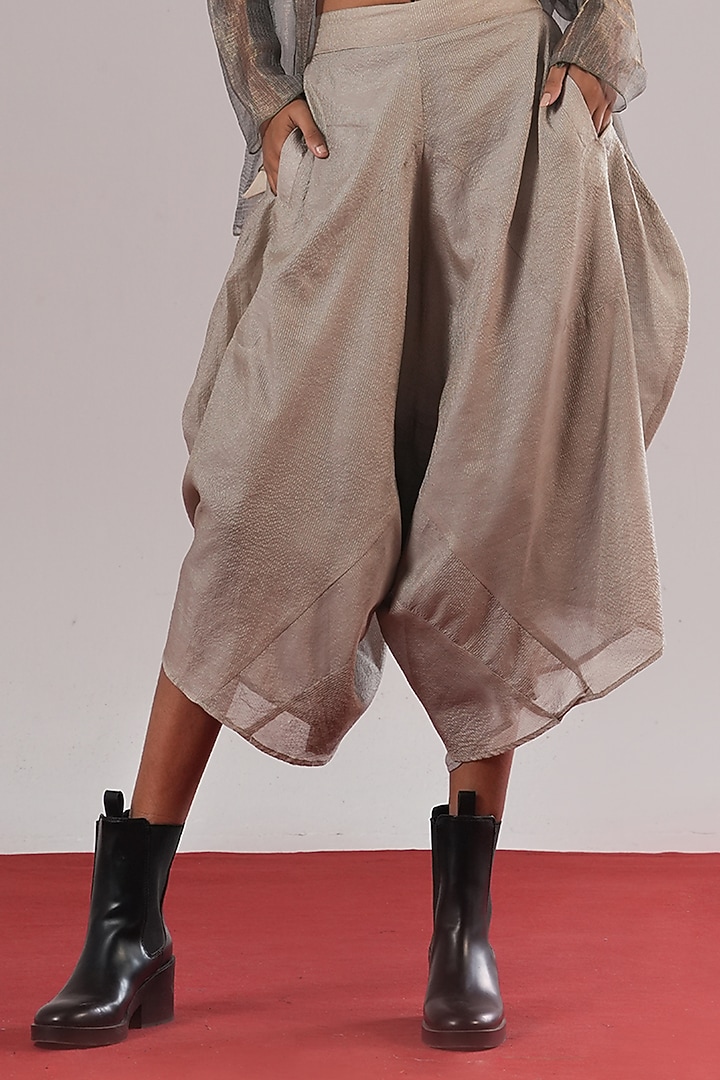 Silver & Grey Striped Tissue Silk Asymmetric Pants by Urvashi Kaur at Pernia's Pop Up Shop