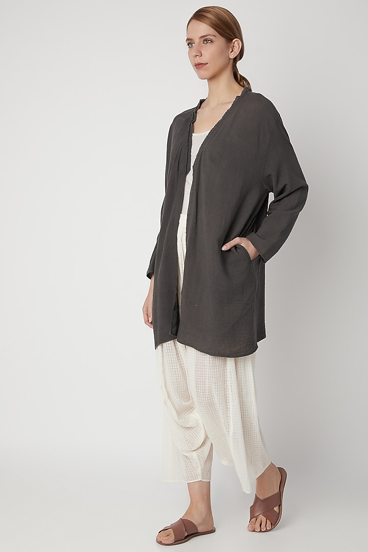 Grey Viscose Cotton Jacket by Urvashi Kaur at Pernia's Pop Up Shop