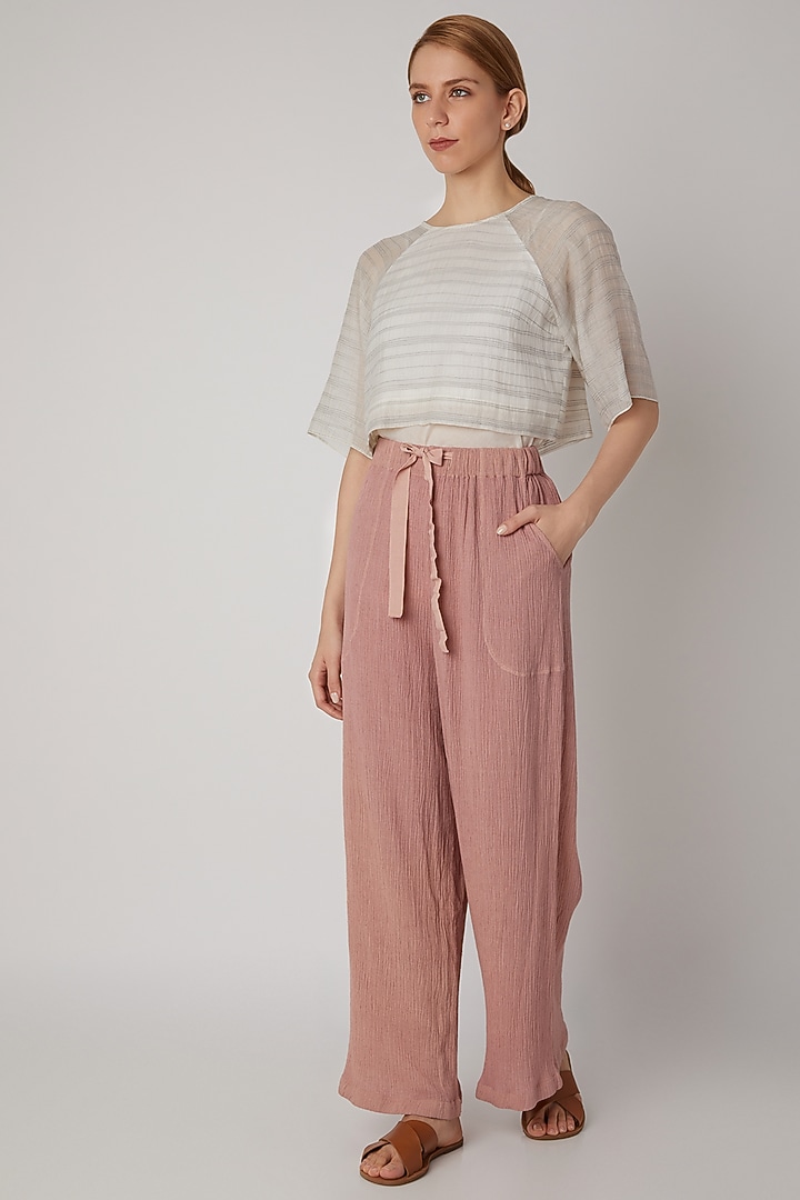 Blush Pink Viscose Cotton Pants by Urvashi Kaur at Pernia's Pop Up Shop