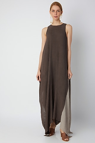 Brown Viscose Cotton Dress by Urvashi Kaur