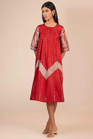 Red Brocade Silk Anarkali Dress by Urvashi Kaur