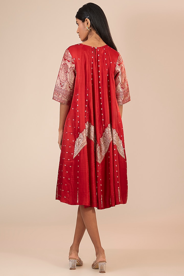 Red Brocade Silk Anarkali Vacation Dress by Urvashi Kaur at Pernia's Pop Up Shop