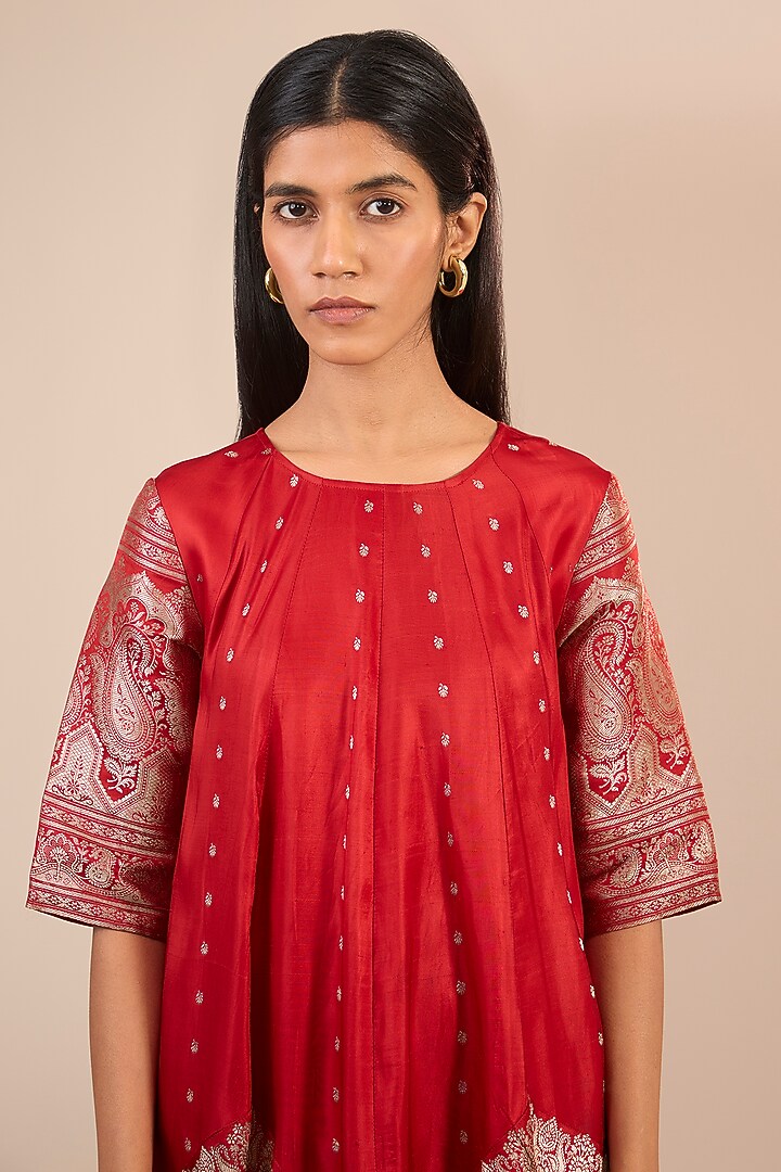 Red Brocade Silk Anarkali Vacation Dress by Urvashi Kaur at Pernia's Pop Up Shop