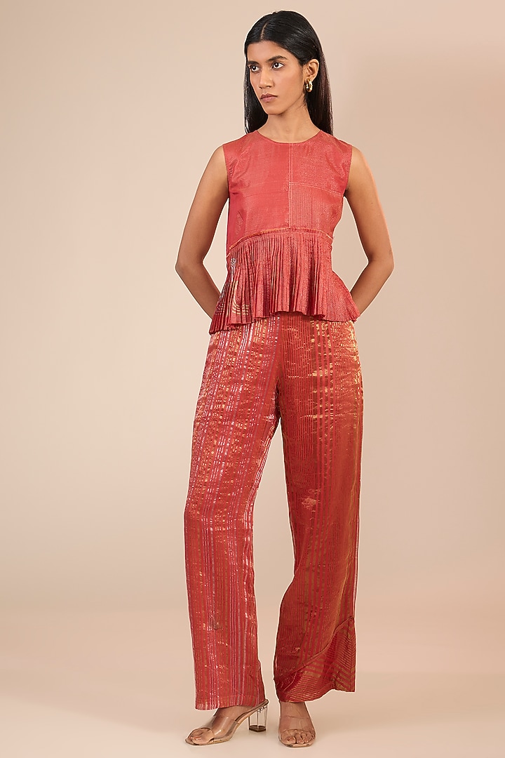 Red Brocade Silk Micro-Pleated Peplum Top by Urvashi Kaur at Pernia's Pop Up Shop