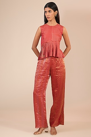 Red Brocade Silk Micro-Pleated Peplum Top by Urvashi Kaur