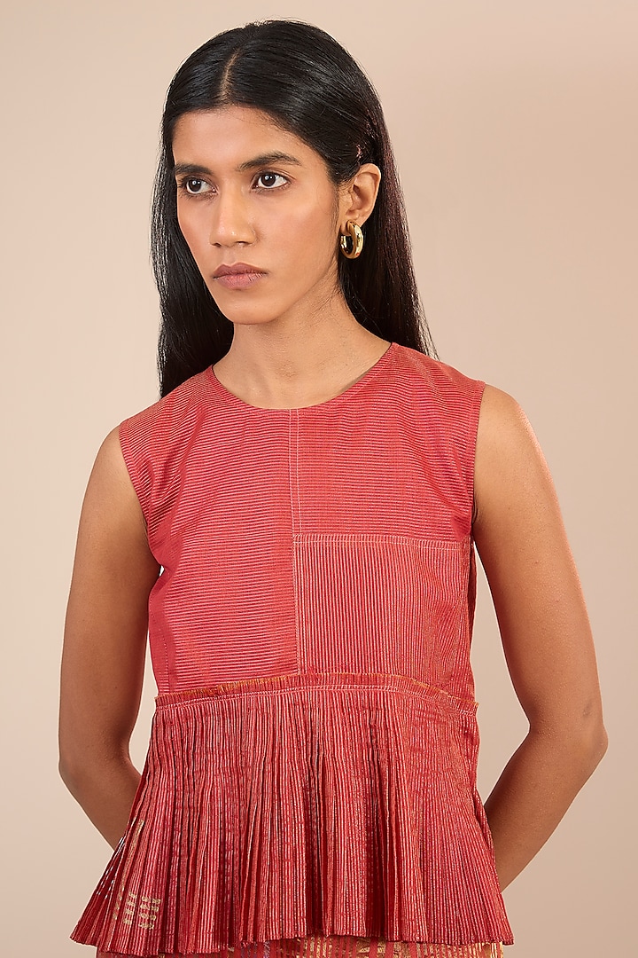 Red Brocade Silk Micro-Pleated Peplum Top by Urvashi Kaur at Pernia's Pop Up Shop