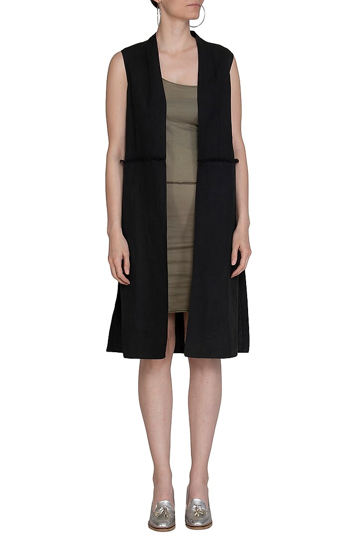 Black Long Sleeveless Jacket by Kapda By Urvashi Kaur at Pernia's Pop Up Shop