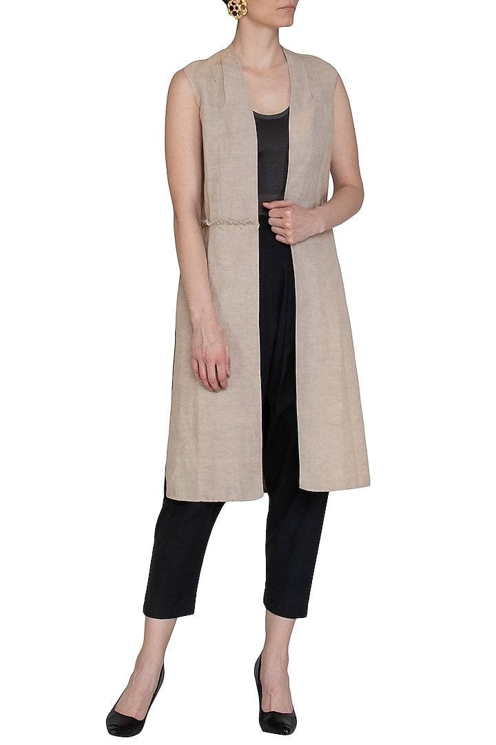 Light Grey Long Sleeveless Jacket by Kapda By Urvashi Kaur at Pernia's Pop Up Shop