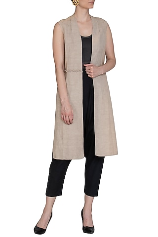 Light Grey Long Sleeveless Jacket by Kapda By Urvashi Kaur