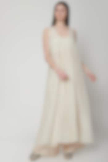 Beige Sheer Summer Dress With Stripes by Urvashi Kaur at Pernia's Pop Up Shop