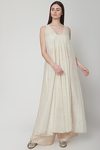 Beige Sheer Dress With Stripes by Urvashi Kaur