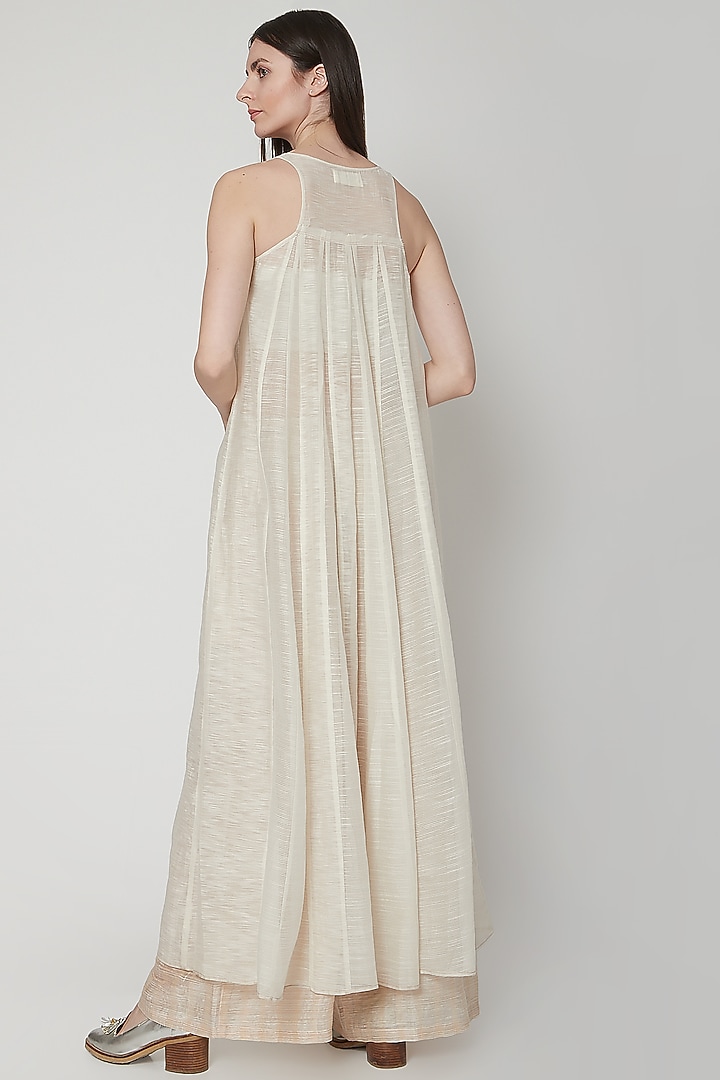 Beige Sheer Summer Dress With Stripes by Urvashi Kaur at Pernia's Pop Up Shop