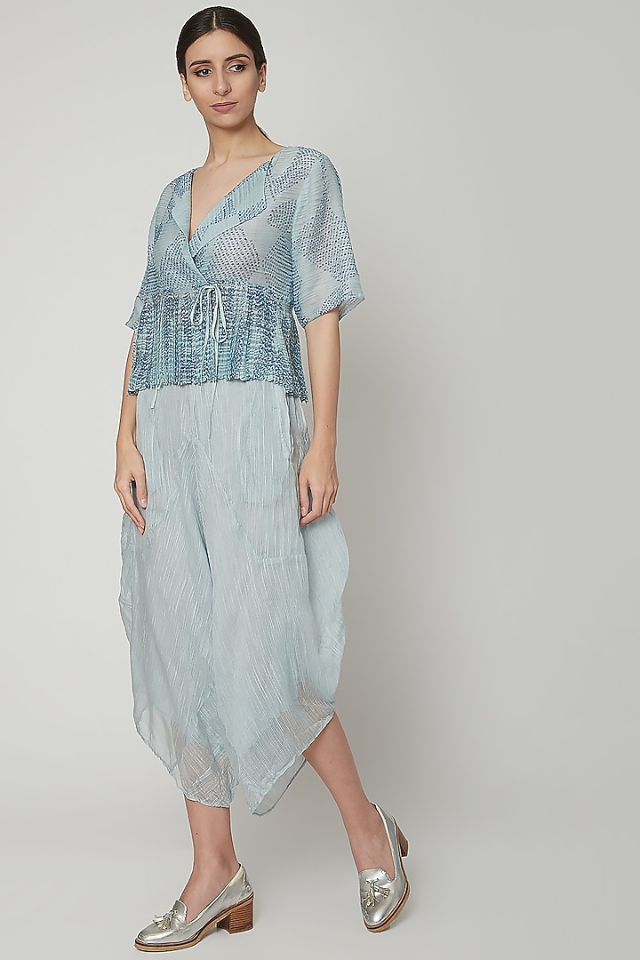 Sky Blue Pleated Shibori Top by Urvashi Kaur at Pernia's Pop Up Shop