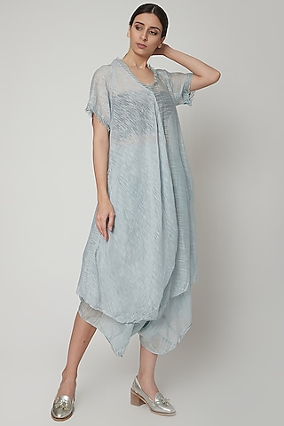 Sky Blue Asymmetric Dress With Stripes by Urvashi Kaur