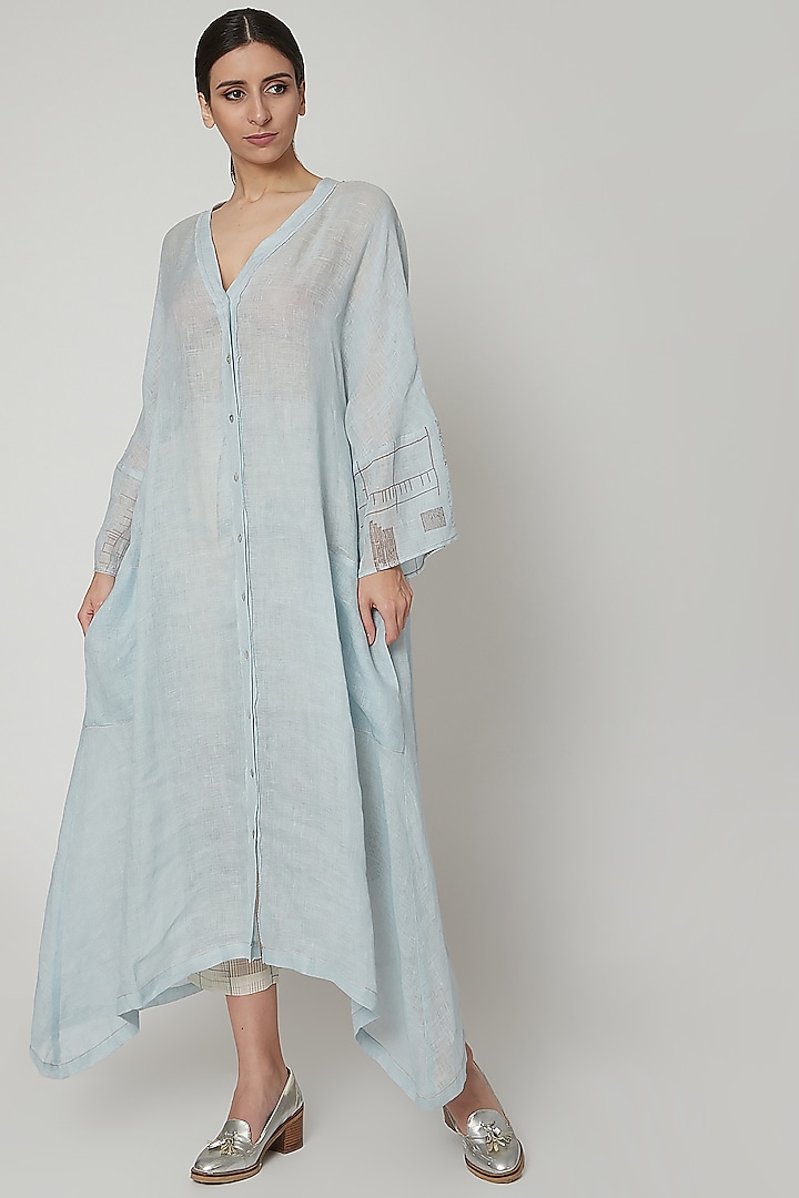 Sky Blue Block Printed Oversized Dress by Urvashi Kaur
