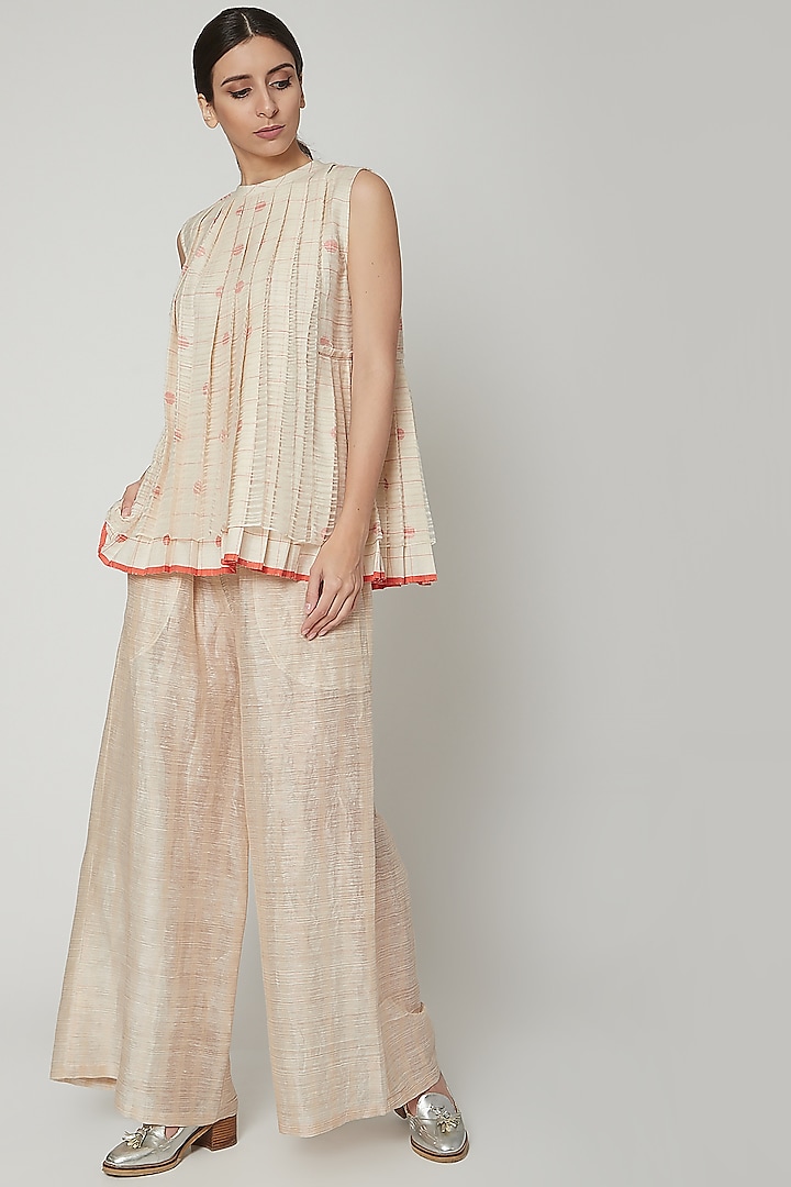 White Handwoven Layered Top With Pleats by Urvashi Kaur