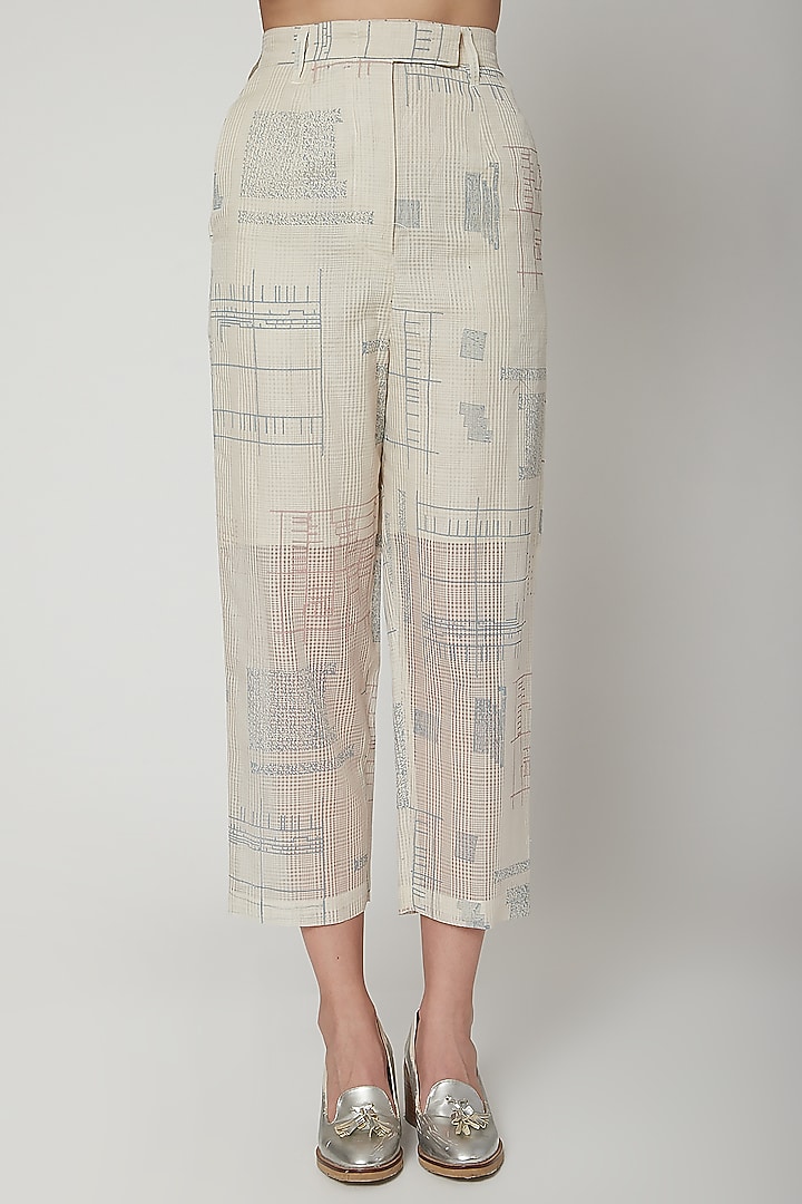 White Block Printed Crop Pants by Urvashi Kaur at Pernia's Pop Up Shop