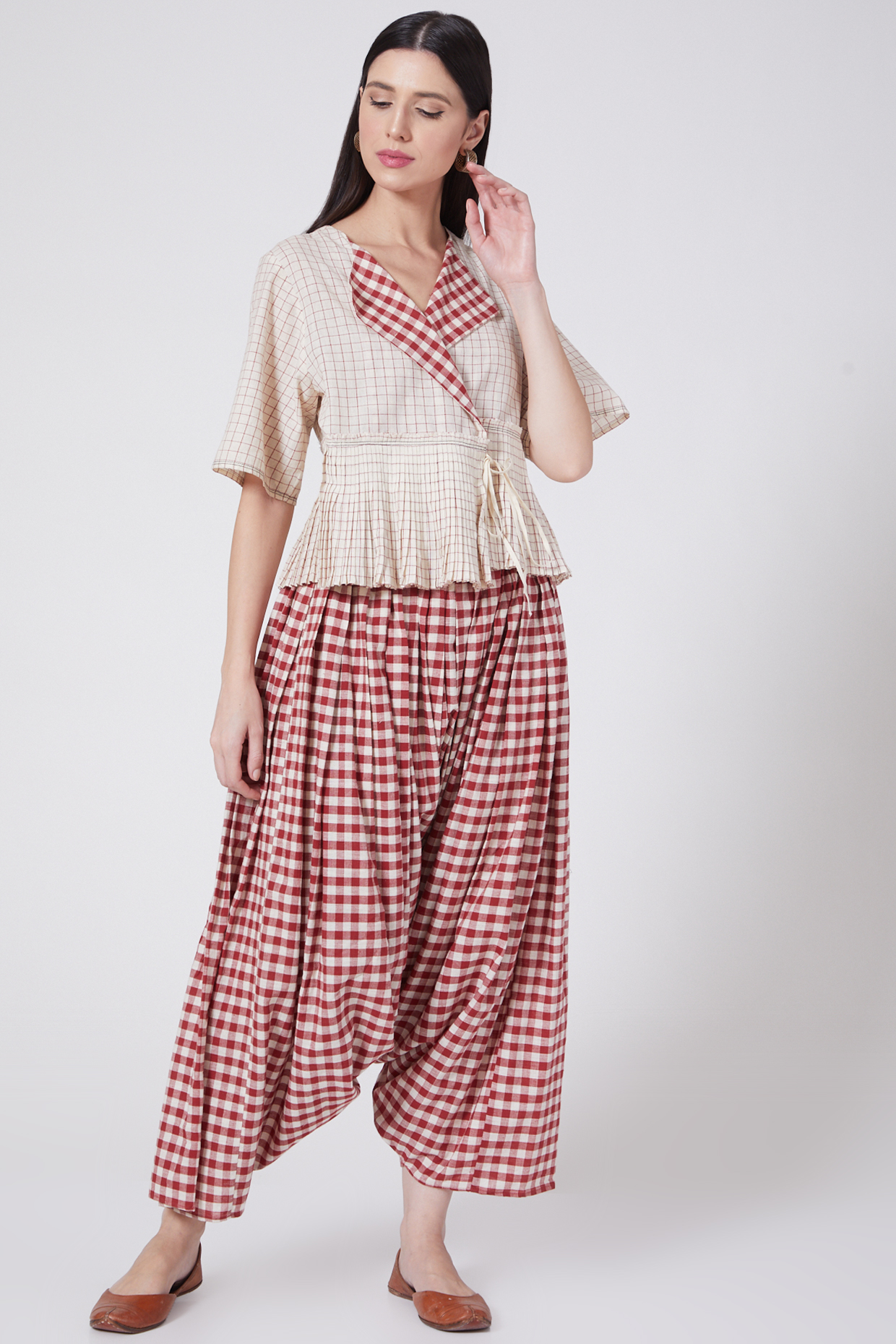 Red Checked & Block Printed Peplum Top by Urvashi Kaur at Pernia's Pop Up Shop