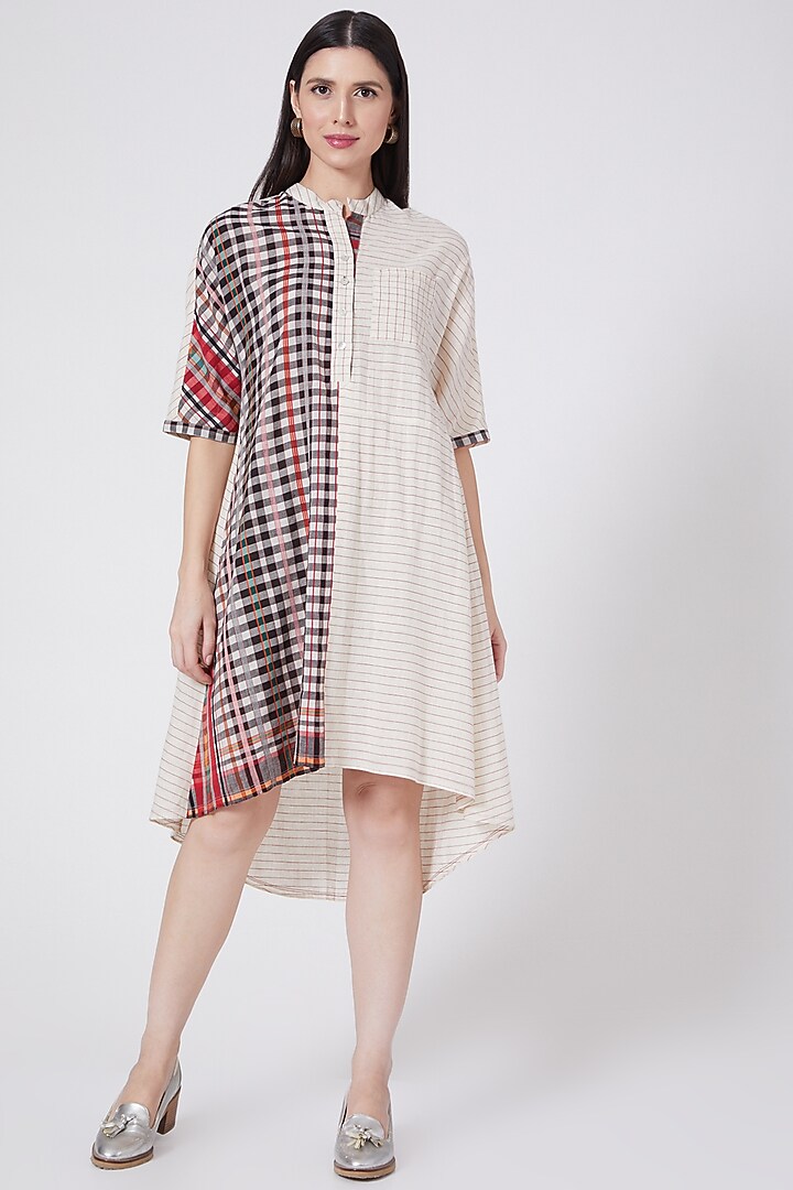 Beige Checkered High-Low Tunic by Urvashi Kaur at Pernia's Pop Up Shop
