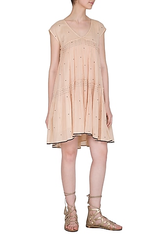 Salmon Pink Tie-Dye Printed Mini Dress by Urvashi Kaur
