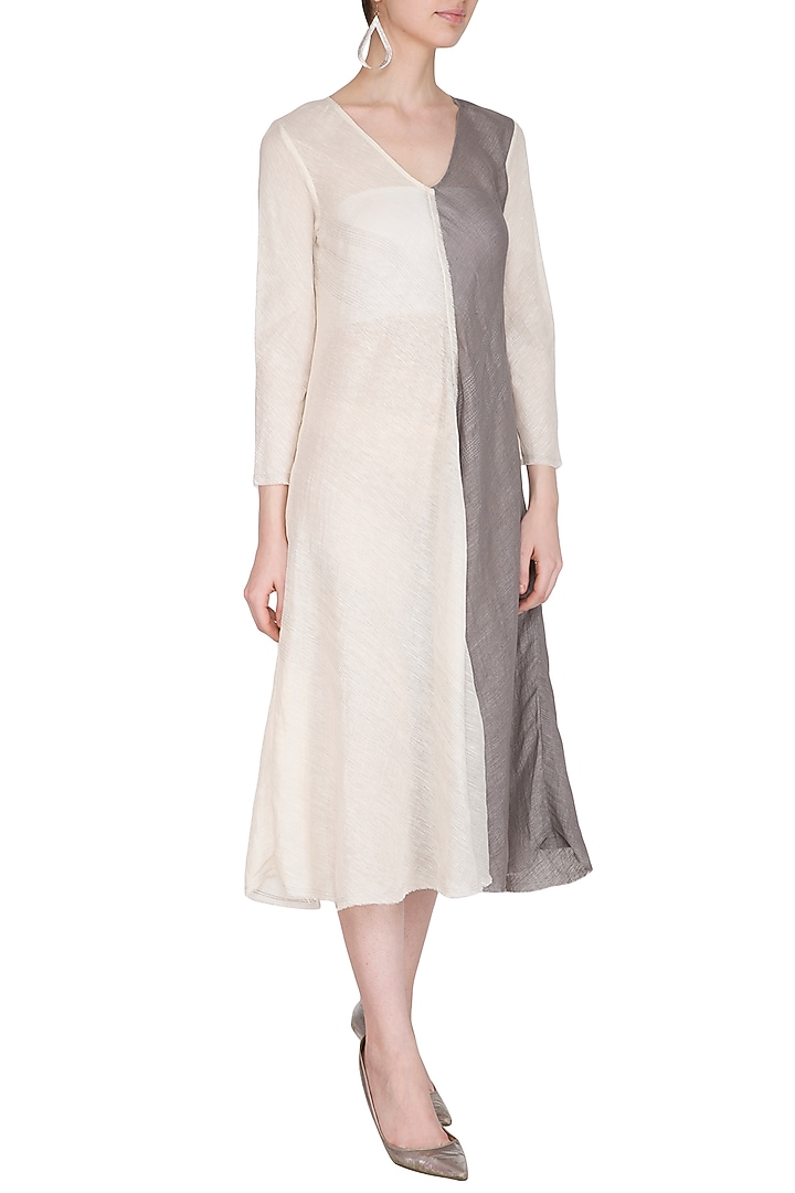 Ecru Silk Linen Net Bias Vacation Dress by Urvashi Kaur at Pernia's Pop Up Shop