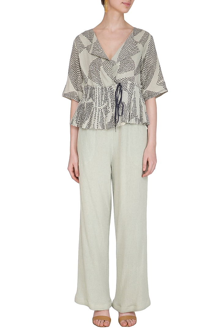 Sage Green Printed Pleated Top by Urvashi Kaur at Pernia's Pop Up Shop