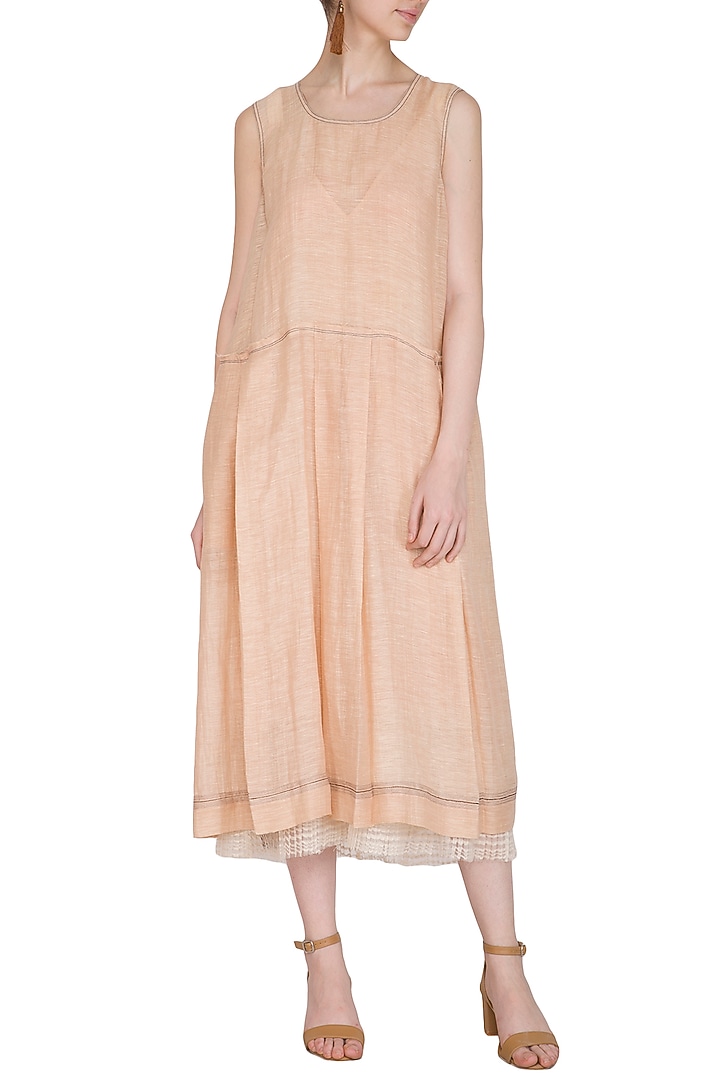 Salmon Pink Block Printed Vacation Dress by Urvashi Kaur at Pernia's Pop Up Shop