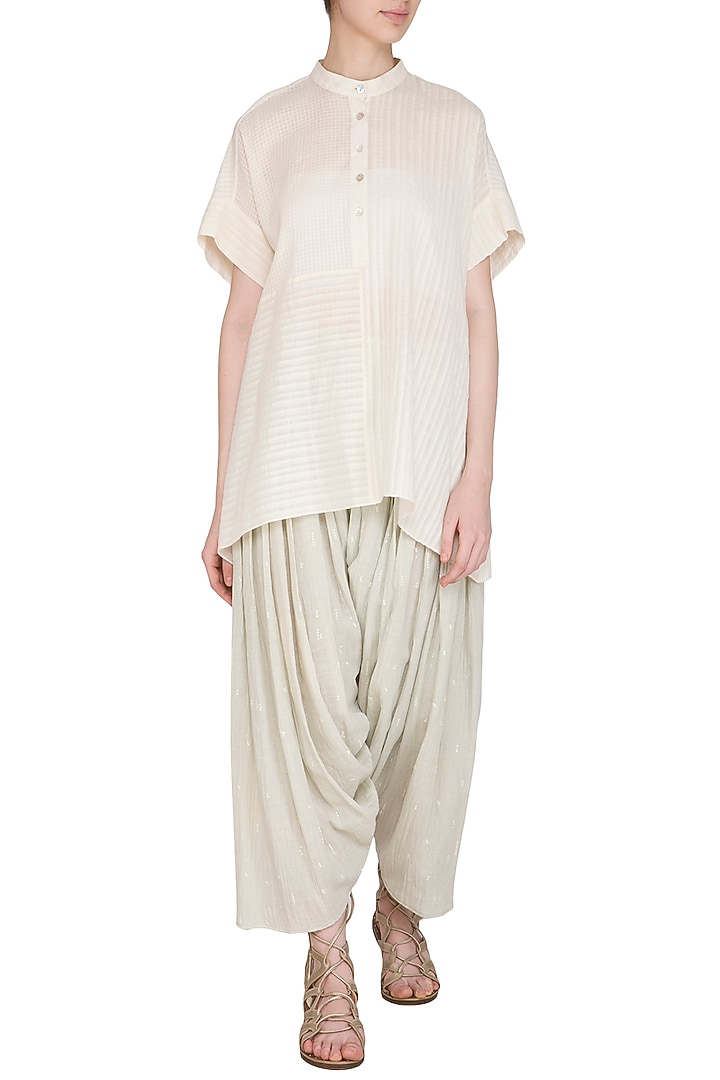 Ecru Checkered & Striped Cotton Top by Urvashi Kaur at Pernia's Pop Up Shop