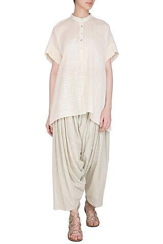 Ecru Checkered & Striped Cotton Top by Urvashi Kaur