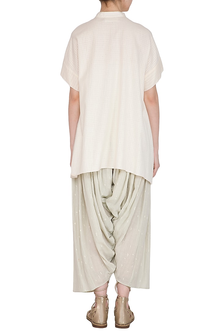 Ecru Checkered & Striped Cotton Top by Urvashi Kaur at Pernia's Pop Up Shop