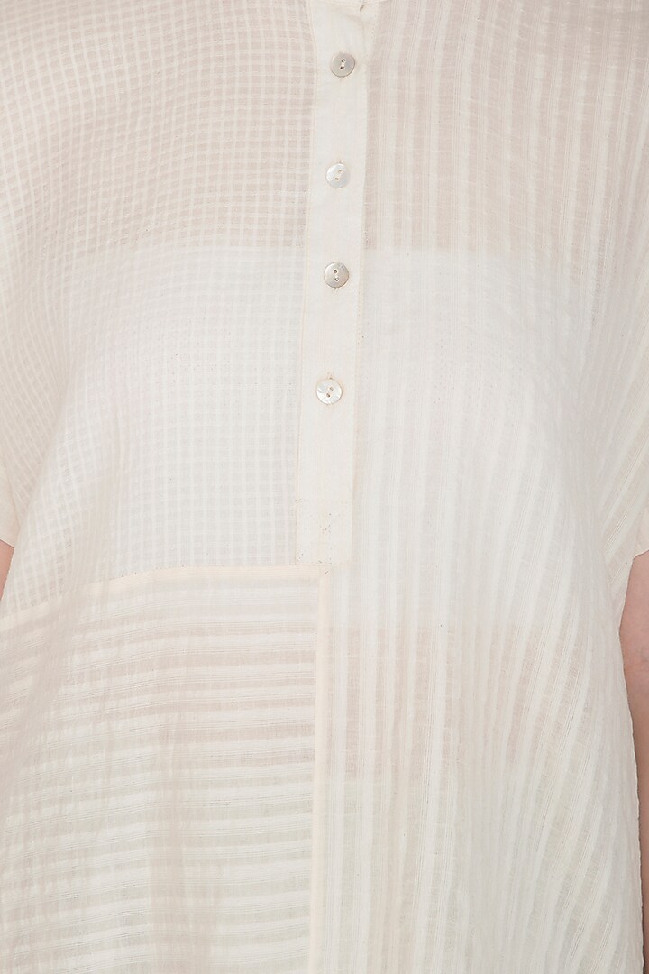 Ecru Checkered & Striped Cotton Top by Urvashi Kaur at Pernia's Pop Up Shop