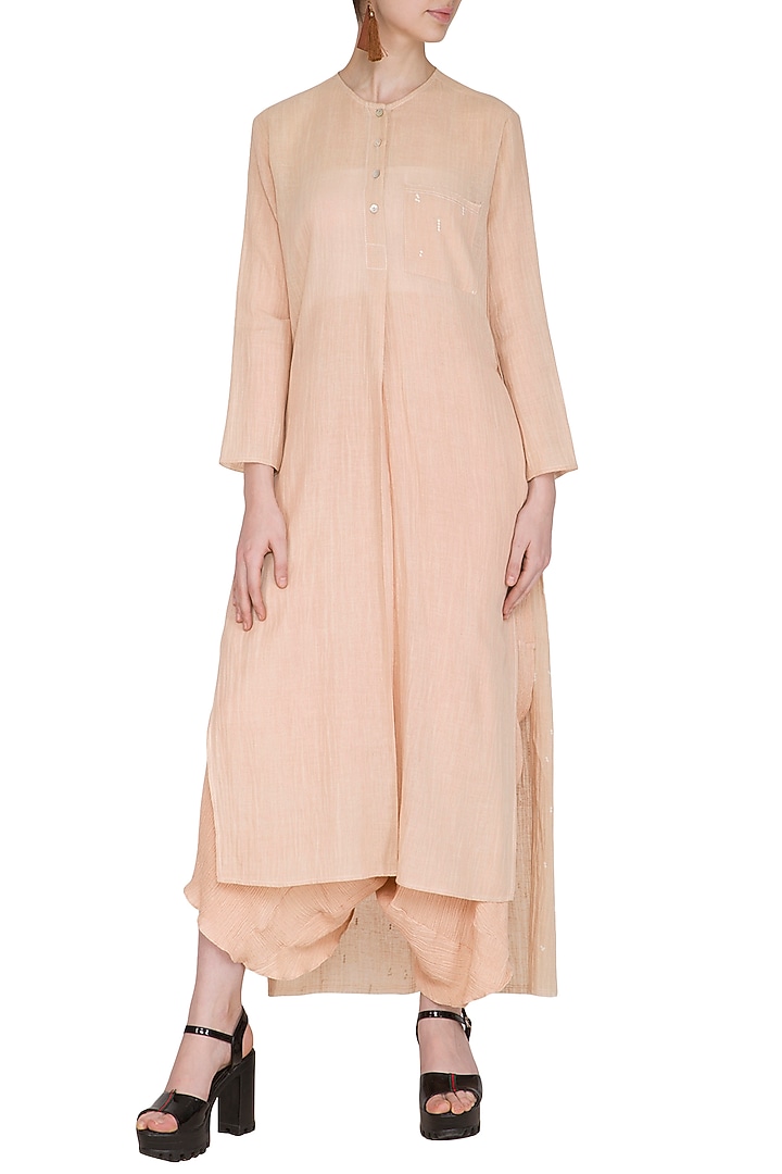 Salmon Pink Printed Sheer Tunic by Urvashi Kaur at Pernia's Pop Up Shop