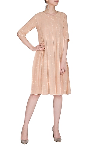 Salmon Pink Printed & Pleated Sheer Dress by Urvashi Kaur