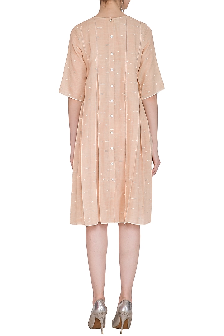 Salmon Pink Printed & Pleated Sheer Vacation Dress by Urvashi Kaur at Pernia's Pop Up Shop