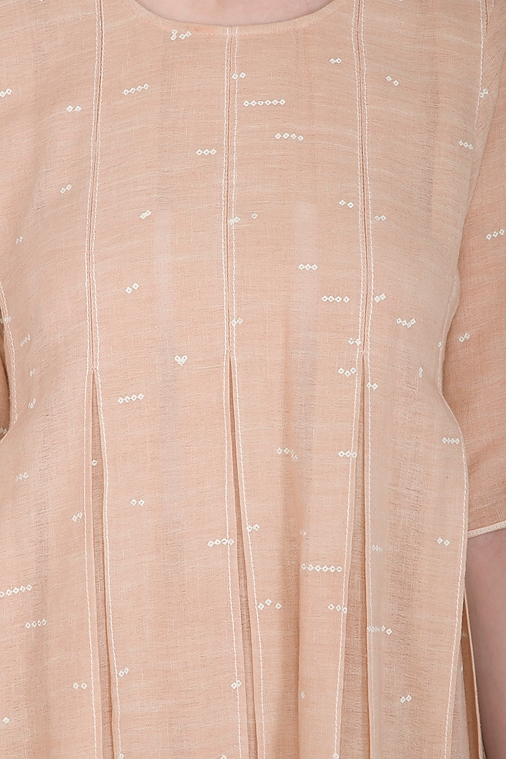 Salmon Pink Printed & Pleated Sheer Vacation Dress by Urvashi Kaur at Pernia's Pop Up Shop
