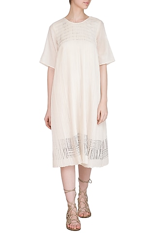 Ecru Block Printed Dress by Urvashi Kaur