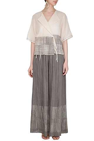 Grey Block Printed Palazzo Pants by Urvashi Kaur