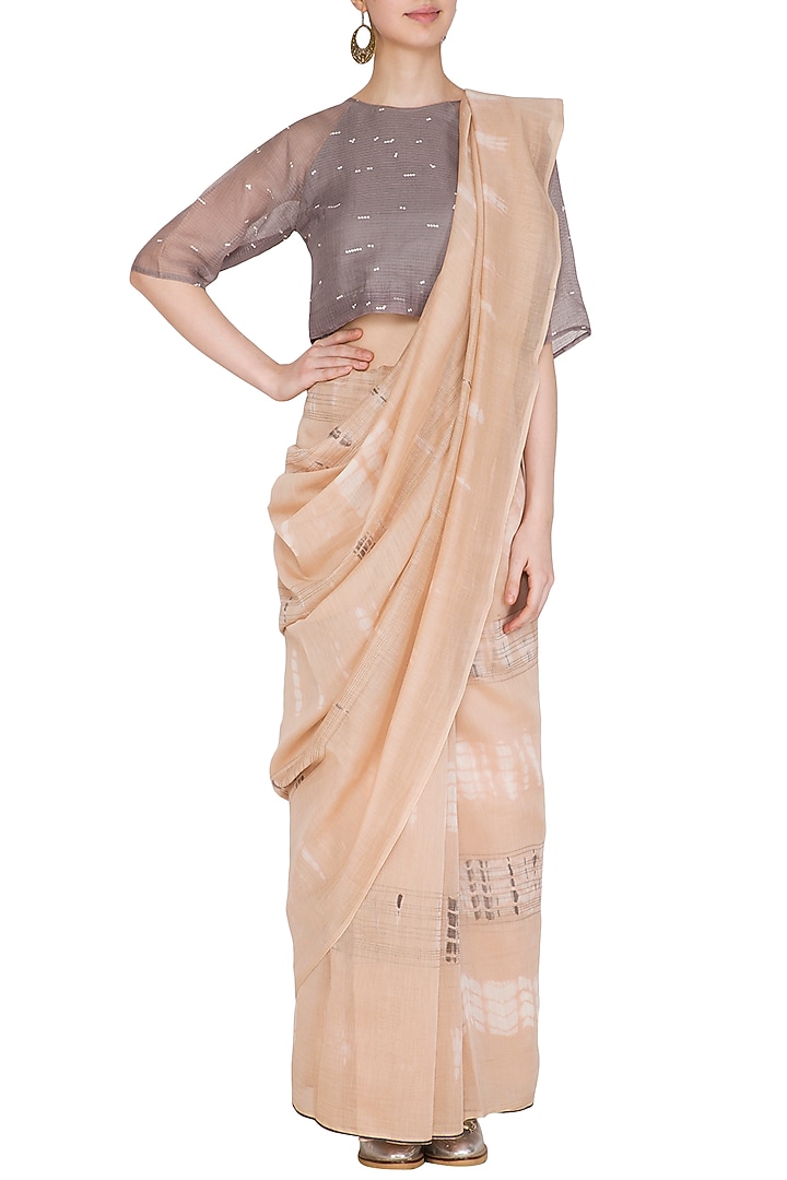 Salmon Pink Sheer Chanderi Silk Tie-Dye Printed Party Wear Saree by Urvashi Kaur at Pernia's Pop Up Shop