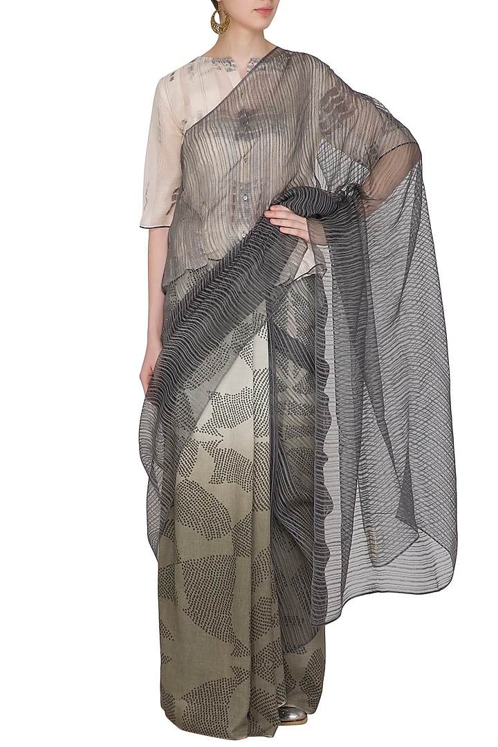 Ecru Printed Ombre & Printed Party Wear Saree by Urvashi Kaur at Pernia's Pop Up Shop
