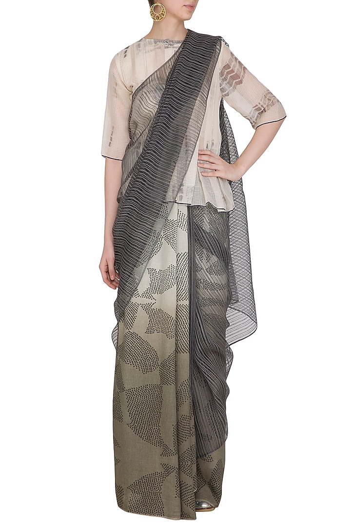 Ecru Printed Ombre & Printed Party Wear Saree by Urvashi Kaur at Pernia's Pop Up Shop