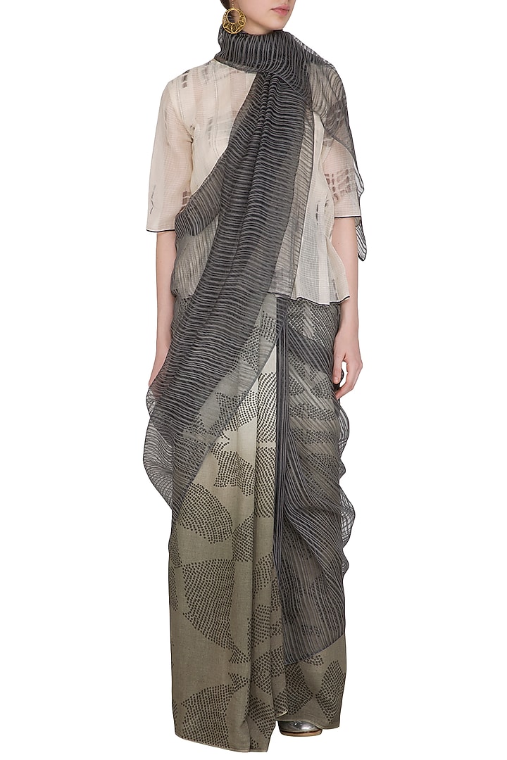 Ecru Printed Ombre & Printed Party Wear Saree by Urvashi Kaur at Pernia's Pop Up Shop