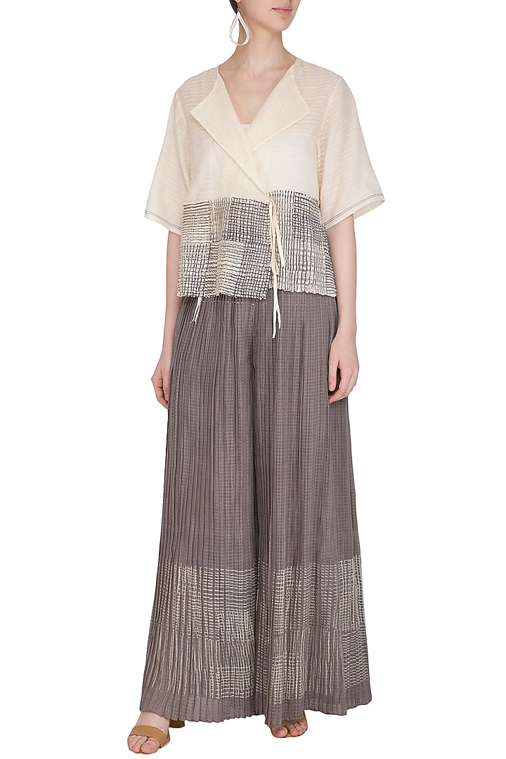Ecru Block Printed Pleated Top by Urvashi Kaur at Pernia's Pop Up Shop
