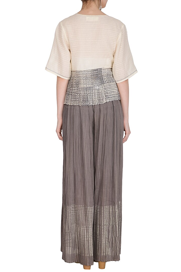 Ecru Block Printed Pleated Top by Urvashi Kaur at Pernia's Pop Up Shop