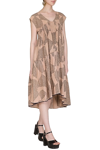 Salmon Pink Printed Tiered Tent Dress by Urvashi Kaur