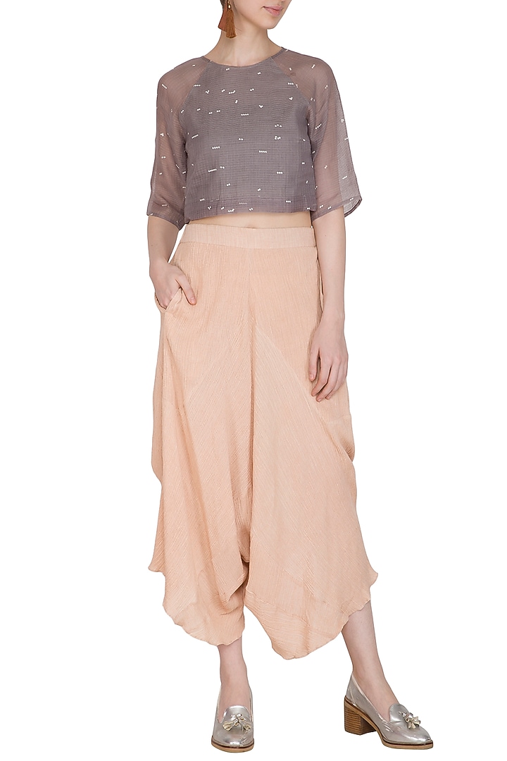 Salmon Pink Viscose Cotton Pants by Urvashi Kaur at Pernia's Pop Up Shop
