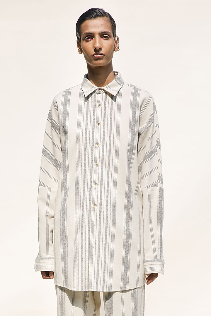 Cream Shell Handloom Cotton Striped Shirt by Urvashi Kaur