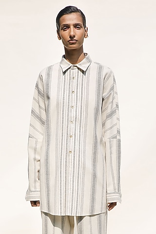 Cream Shell Handloom Cotton Striped Shirt by Urvashi Kaur