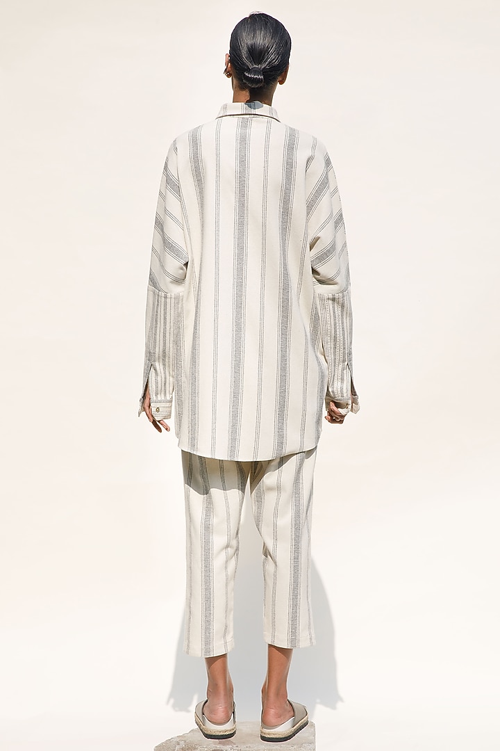 Cream Shell Handloom Cotton Striped Shirt by Urvashi Kaur at Pernia's Pop Up Shop