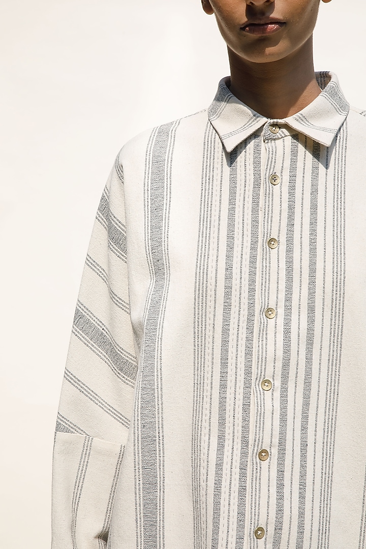Cream Shell Handloom Cotton Striped Shirt by Urvashi Kaur at Pernia's Pop Up Shop