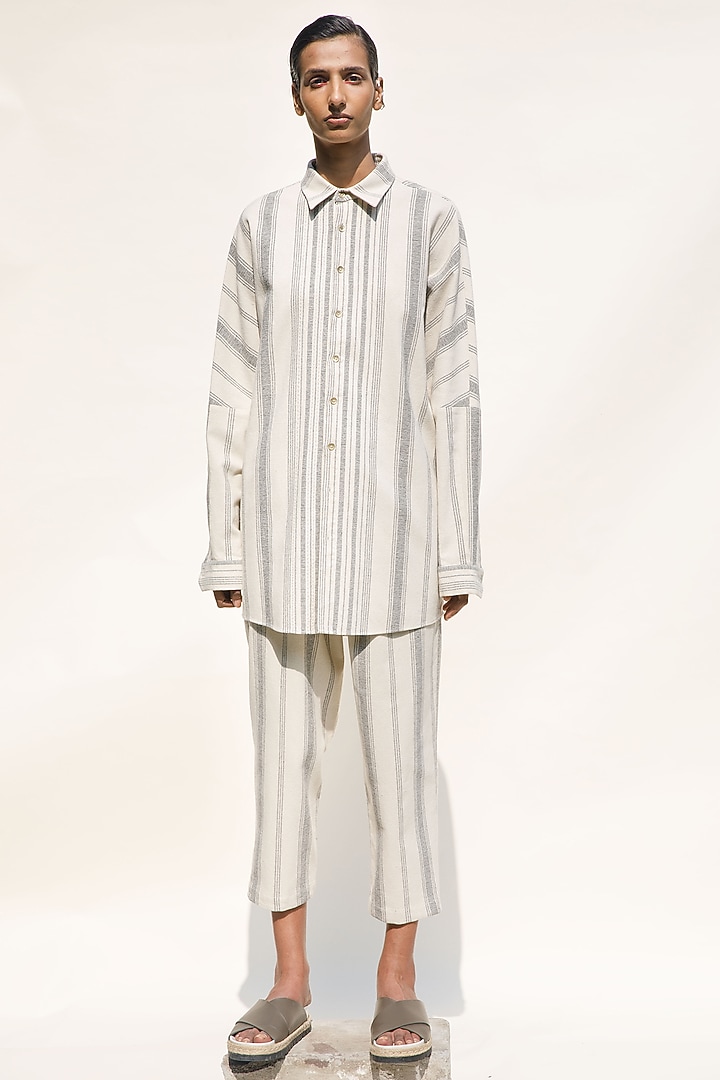 Cream Shell Handloom Cotton Striped Shirt by Urvashi Kaur at Pernia's Pop Up Shop
